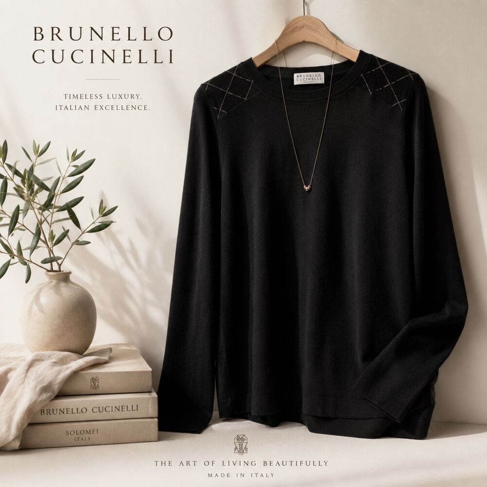 Brunello Cucinelli Cashmere Sweater Black Monili Crystal Bateau Neck L